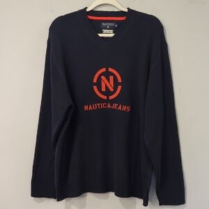 Nautica Civvies Sweater Navy with Orange Logo‎ size XL 100% Cotton